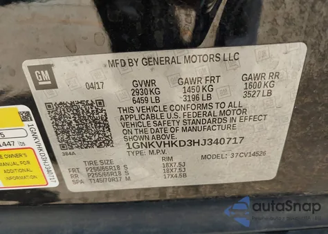 2017 Chevrolet Traverse 2Lt from USA, damaged, VIN 1GNKVHKD3HJ340717